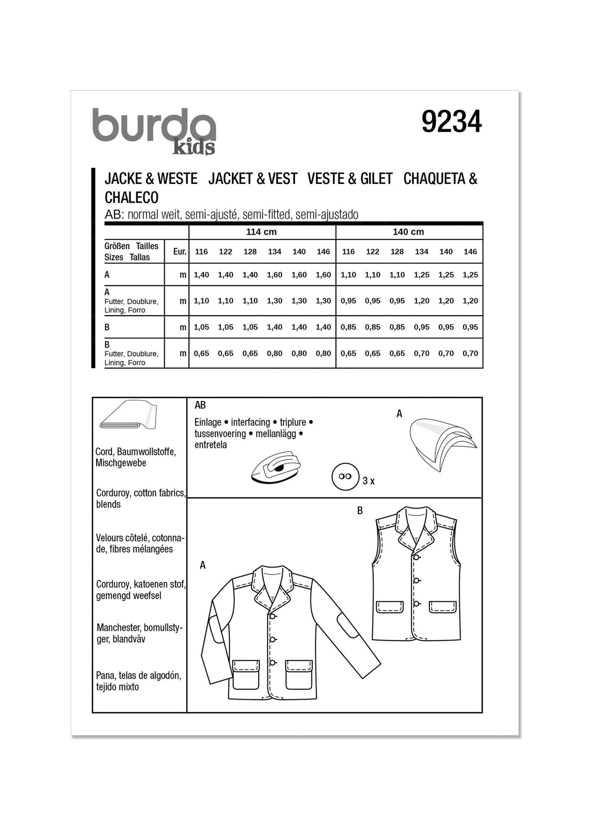 Burda Style Children's Jacket & Waistcoat Sewing Pattern B9234