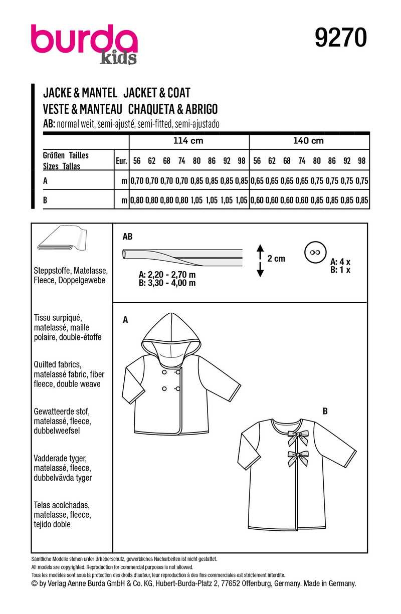 Burda Style Babies' Hooded Jacket, Coat Sewing Pattern B9270