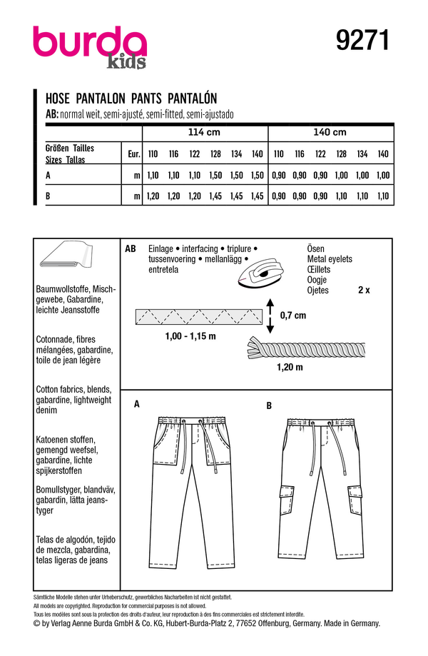 Burda Style Children's Trousers Sewing Pattern with Pockets B9271