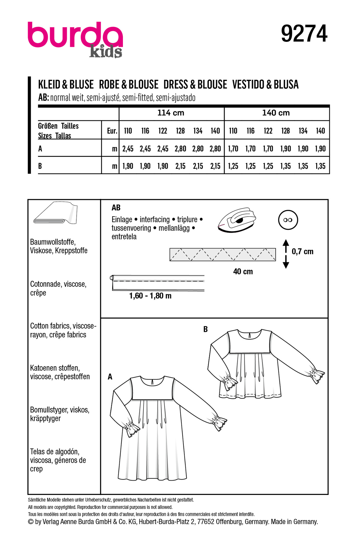 Burda Style Children's Dress & Blouse Sewing Pattern B9274