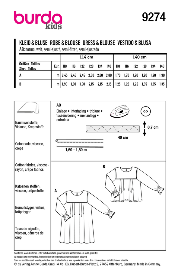 Burda Style Children's Dress & Blouse Sewing Pattern B9274