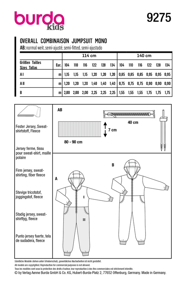 Burda Style Children's Hooded Jumpsuit and Onesie Sewing Pattern B9275
