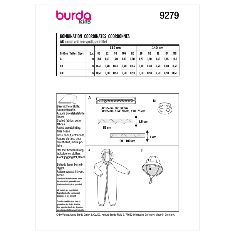 Burda Style Toddlers' Onesie and Hat Sewing Pattern B9279