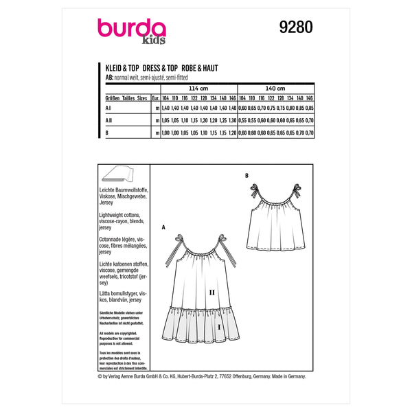 Burda Style Children's Top and Dress Sewing Pattern B9280