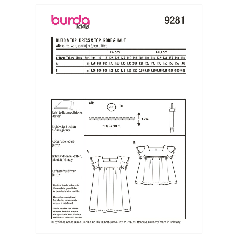 Burda Style Children's Top and Dress Sewing Pattern B9281