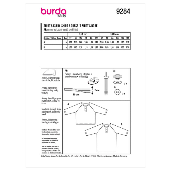 Burda Style Children's Top and Dress Sewing Pattern B9284