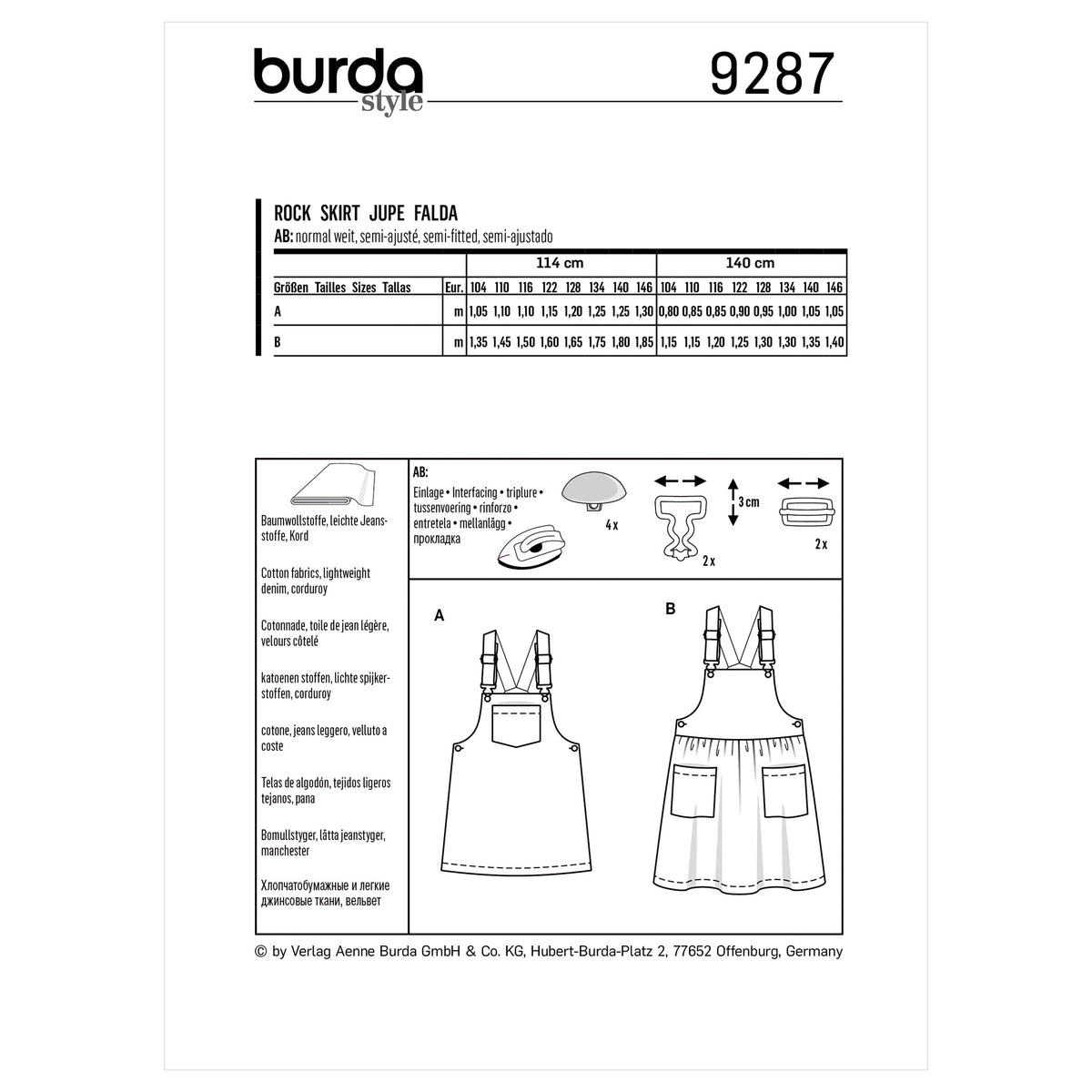 Burda Style Children's Bibbed Skirt Pinafore Sewing Pattern B9287