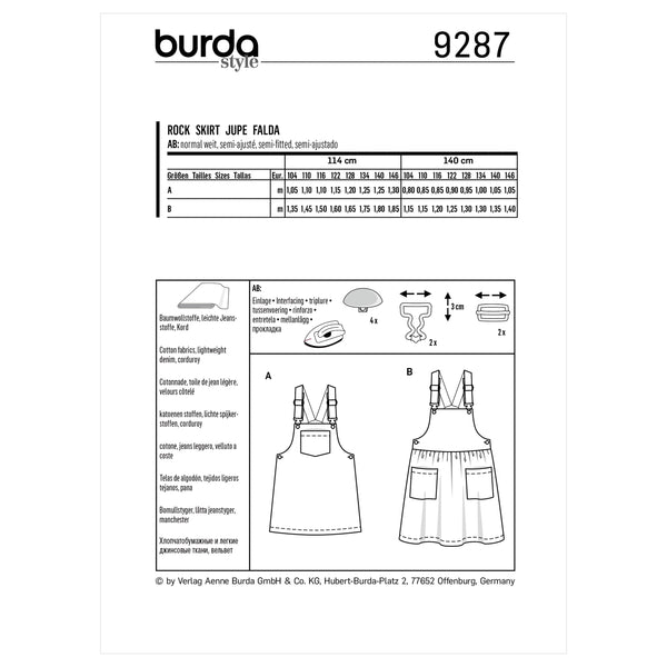 Burda Style Children's Bibbed Skirt Pinafore Sewing Pattern B9287