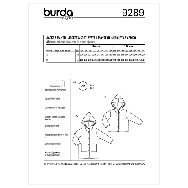 Burda Style Children's Coat – Jacket – Hood Sewing Pattern B9289