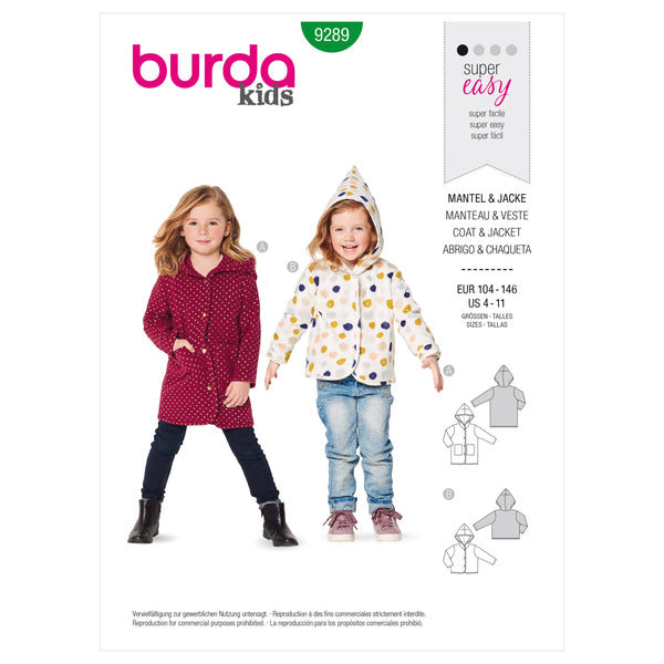 Burda Style Children's Coat – Jacket – Hood Sewing Pattern B9289