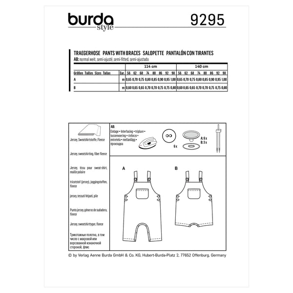 Burda Style Babies' Overalls with Straps Sewing Pattern B9295