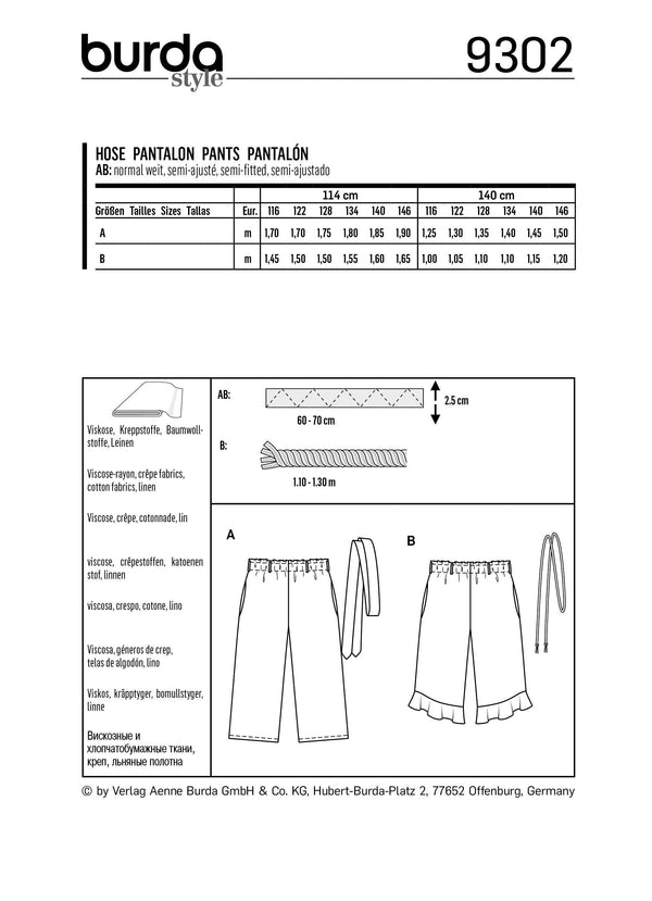 Burda Style Child Skirt/Pants Sewing Pattern for Stylish Kids B9302