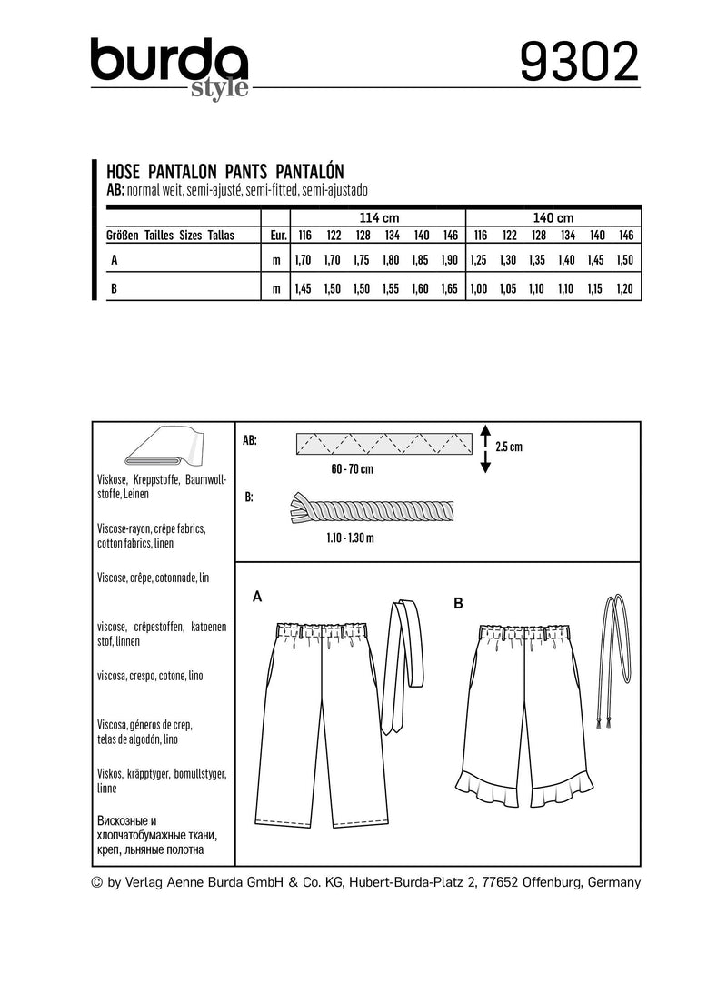 Burda Style Child Skirt/Pants Sewing Pattern for Stylish Kids B9302