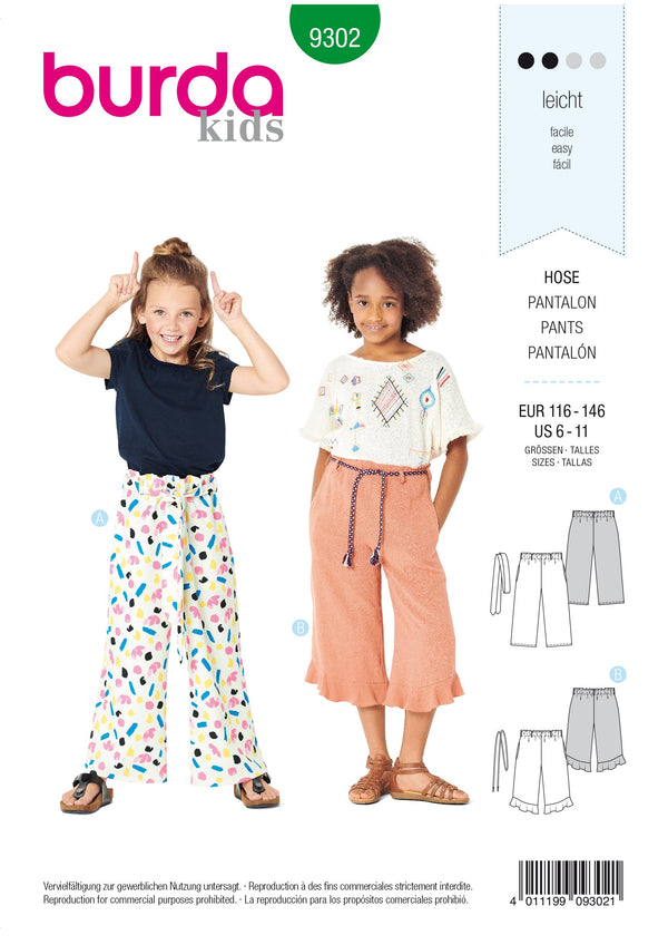 Burda Style Child Skirt/Pants Sewing Pattern for Stylish Kids B9302