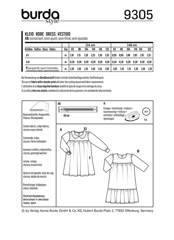 Burda Style Child Dress Sewing Pattern for Stylish Creations B9305