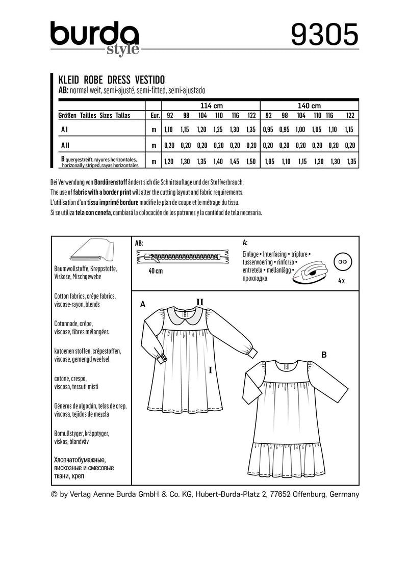 Burda Style Child Dress Sewing Pattern for Stylish Creations B9305