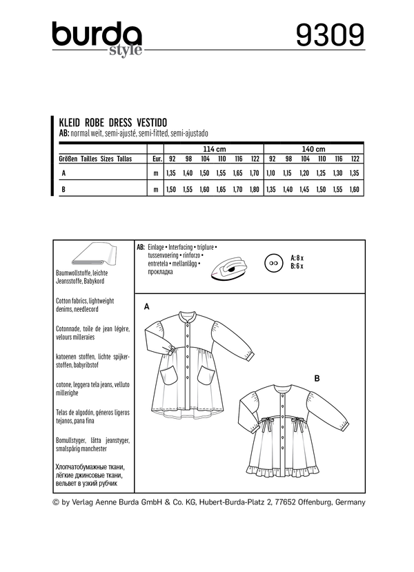 Burda Style Child Dress Sewing Pattern for Stylish Creations B9309