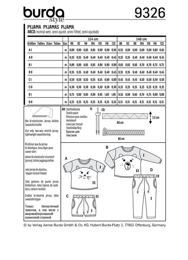 Burda Style Toddler Sleepwear Sewing Pattern for Easy Crafting B9326