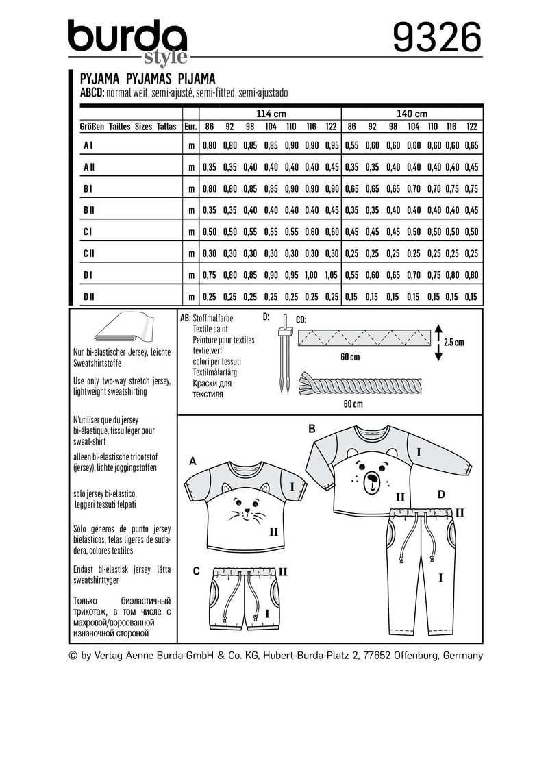 Burda Style Toddler Sleepwear Sewing Pattern for Easy Crafting B9326