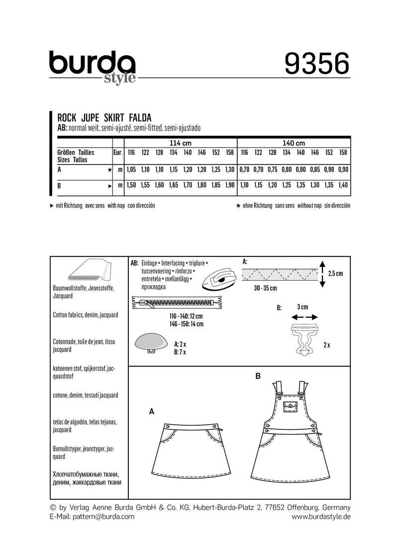 Burda Style Child Girl Skirt Pant Sewing Pattern B9356