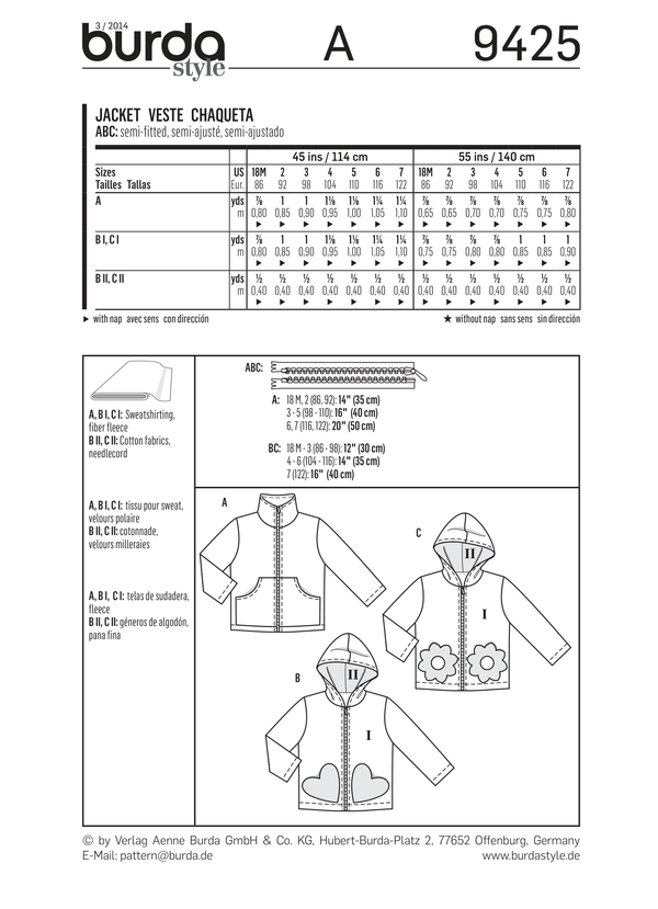 Burda Style Toddler Jacket/Coat Sewing Pattern for Stylish Kids B9425