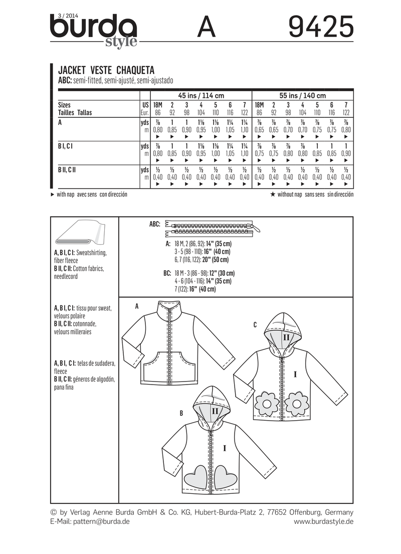 Burda Style Toddler Jacket/Coat Sewing Pattern for Stylish Kids B9425