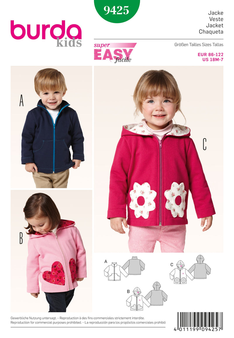 Burda Style Toddler Jacket/Coat Sewing Pattern for Stylish Kids B9425