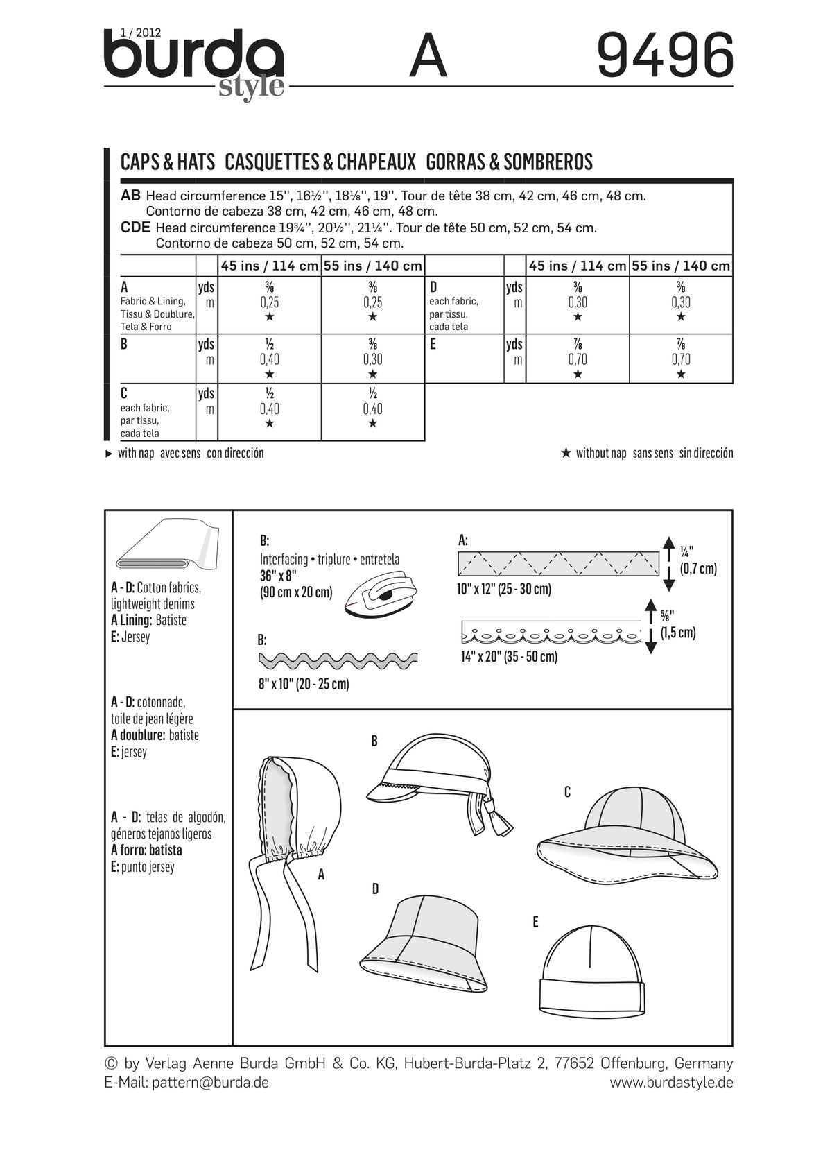 Burda Style Stylish Caps & Hats Sewing Pattern Collection B9496