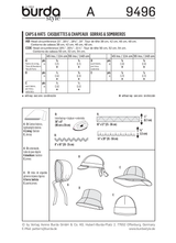 Burda Style Stylish Caps & Hats Sewing Pattern Collection B9496