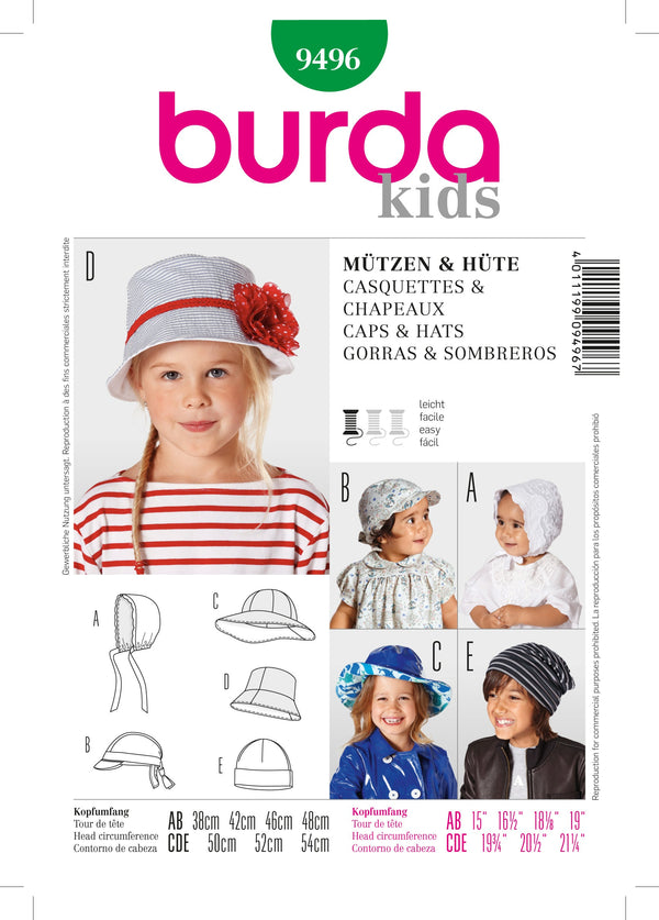 Burda Style Stylish Caps & Hats Sewing Pattern Collection B9496