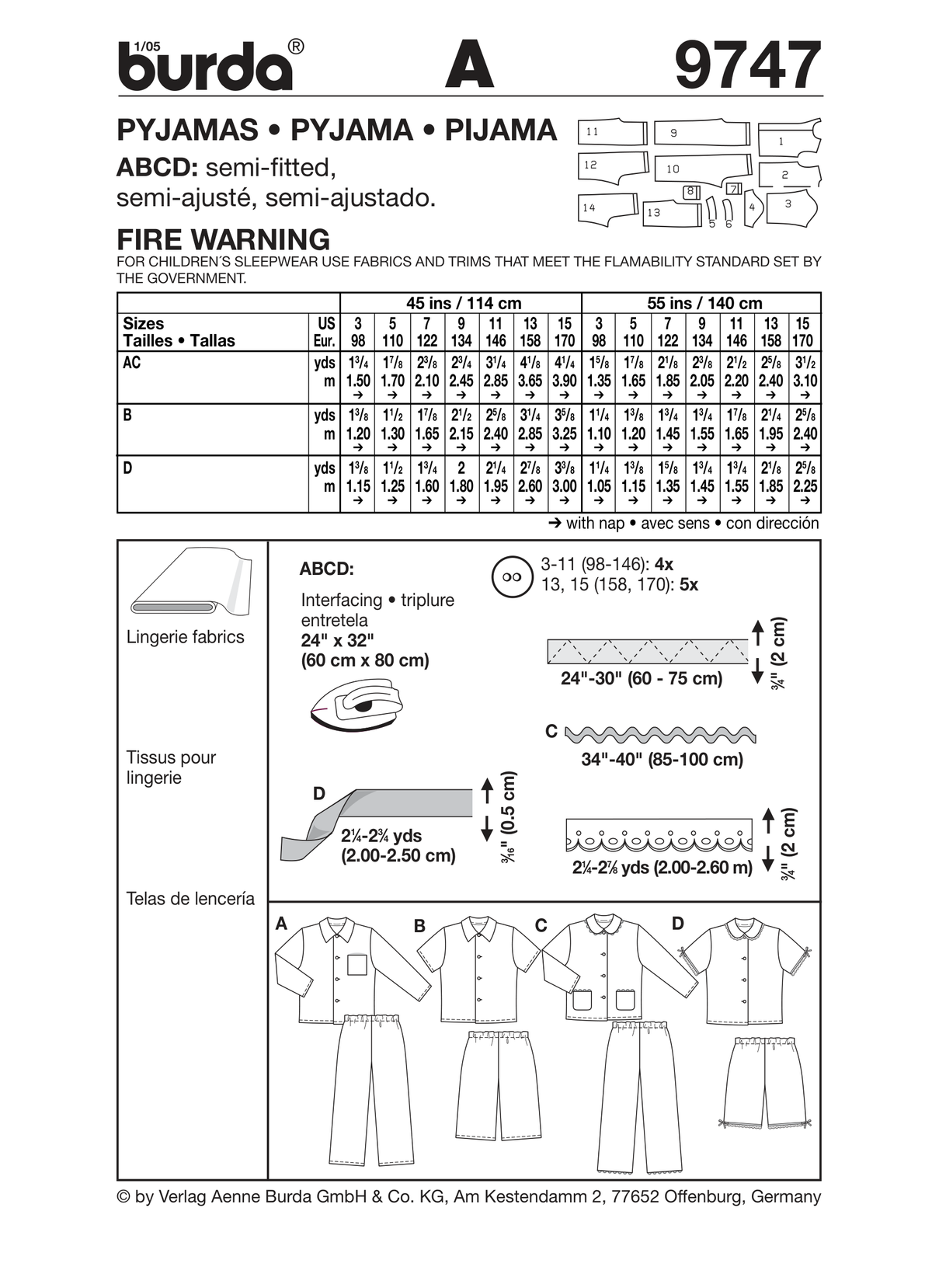 Burda Style Pyjamas Sewing Pattern for Comfortable Nightwear B9747