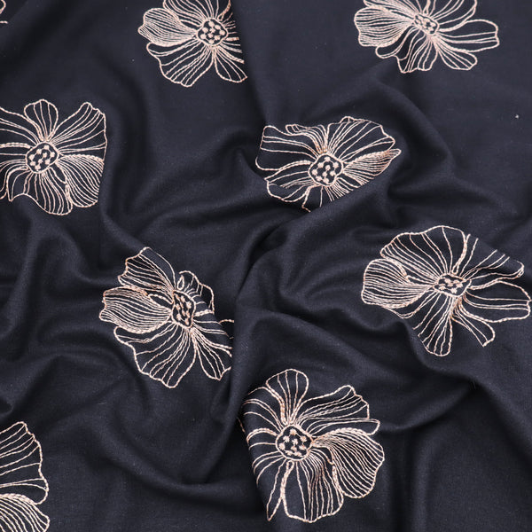 Barbara Embroidery Viscose Linen Dressmaking Fabric - Gold Flowers