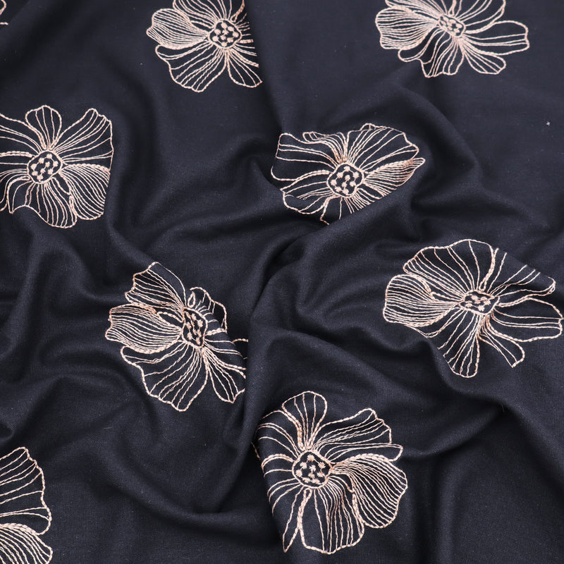 Barbara Embroidery Viscose Linen Dressmaking Fabric - Gold Flowers