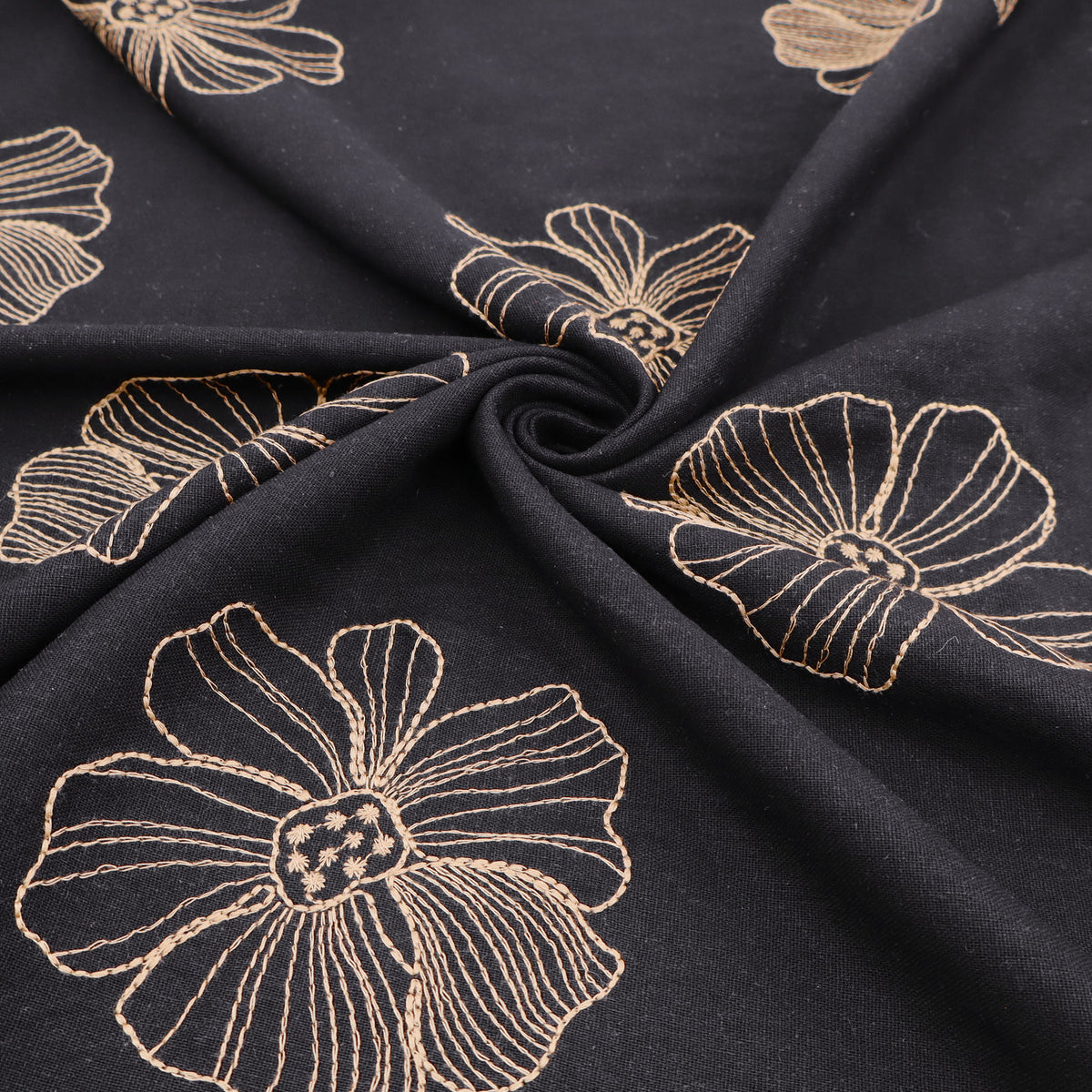 Barbara Embroidery Viscose Linen Dressmaking Fabric - Gold Flowers