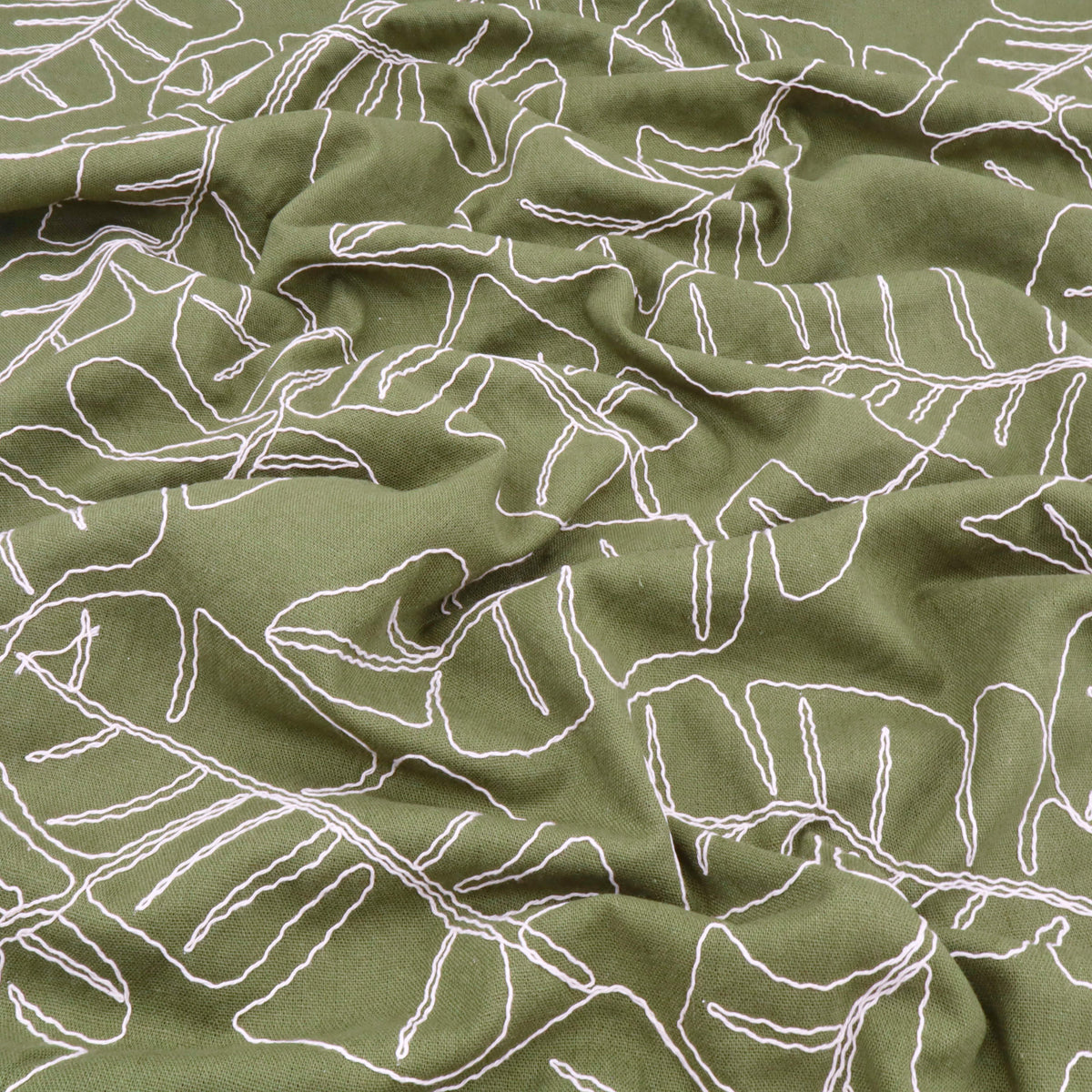 Barbara Embroidery Viscose Linen Dressmaking Fabric - Olive Leaves
