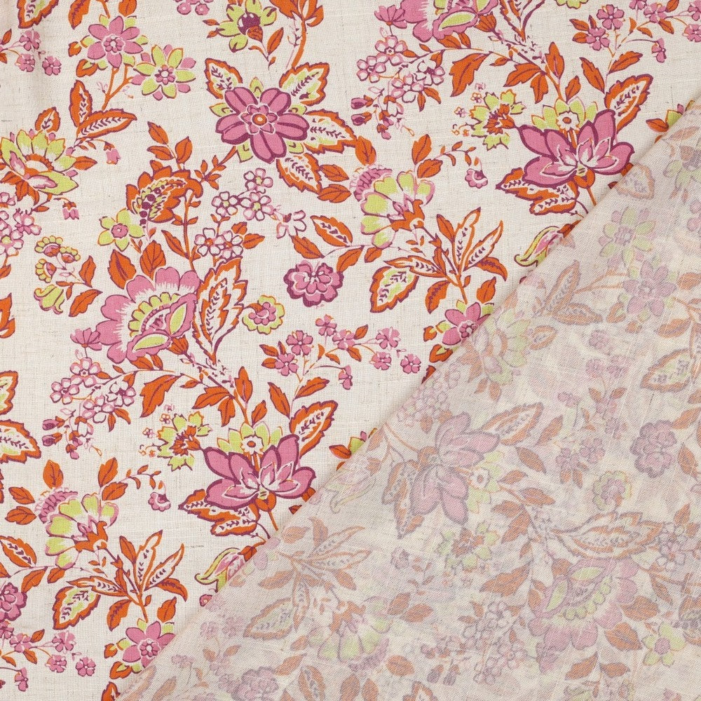 Barbara Viscose Linen Dressmaking Fabric - Orange & Pink Flowers