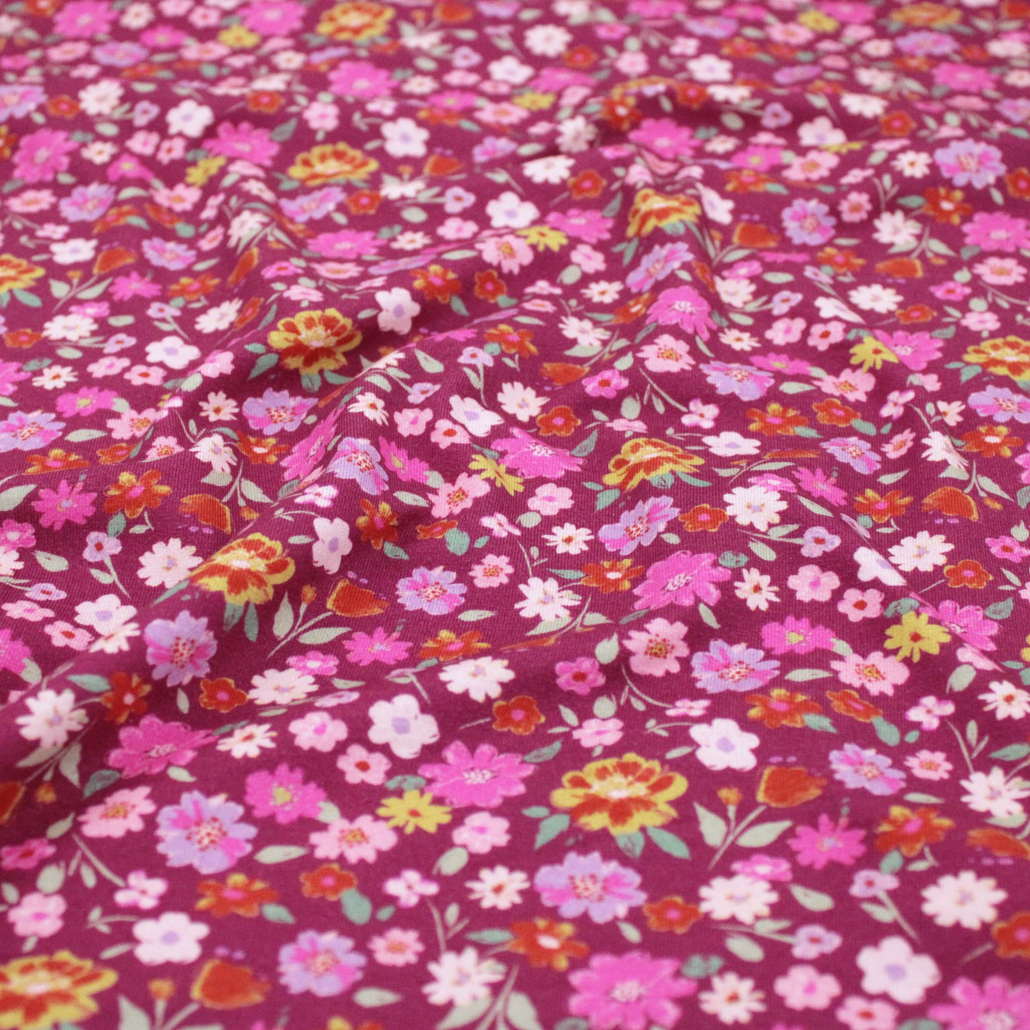 Belle Organic Cotton Jersey OEKO-TEX - Cerise on Mulberry Mini Flowers ...