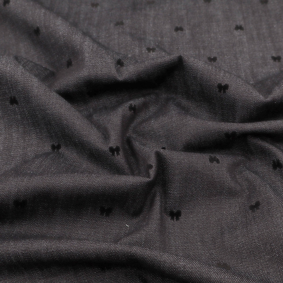 Black Stretch Denim with Velvet Flocked Detail Cotton Fabric - Bow