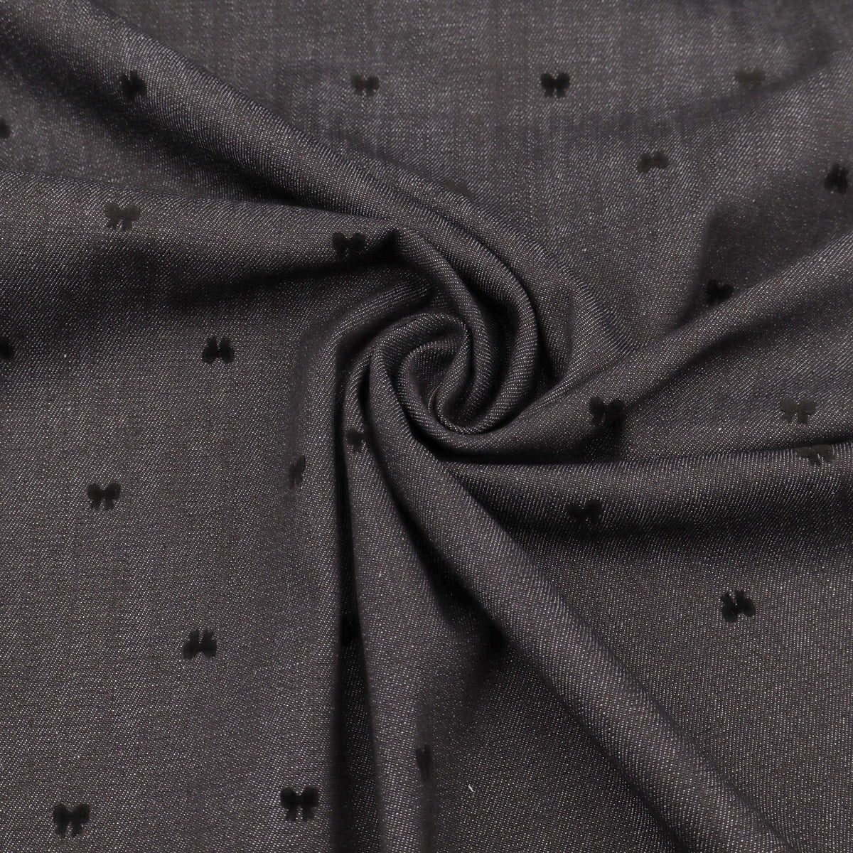 Black Stretch Denim with Velvet Flocked Detail Cotton Fabric - Bow