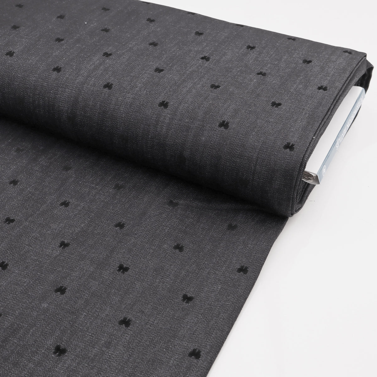Black Stretch Denim with Velvet Flocked Detail Cotton Fabric - Bow