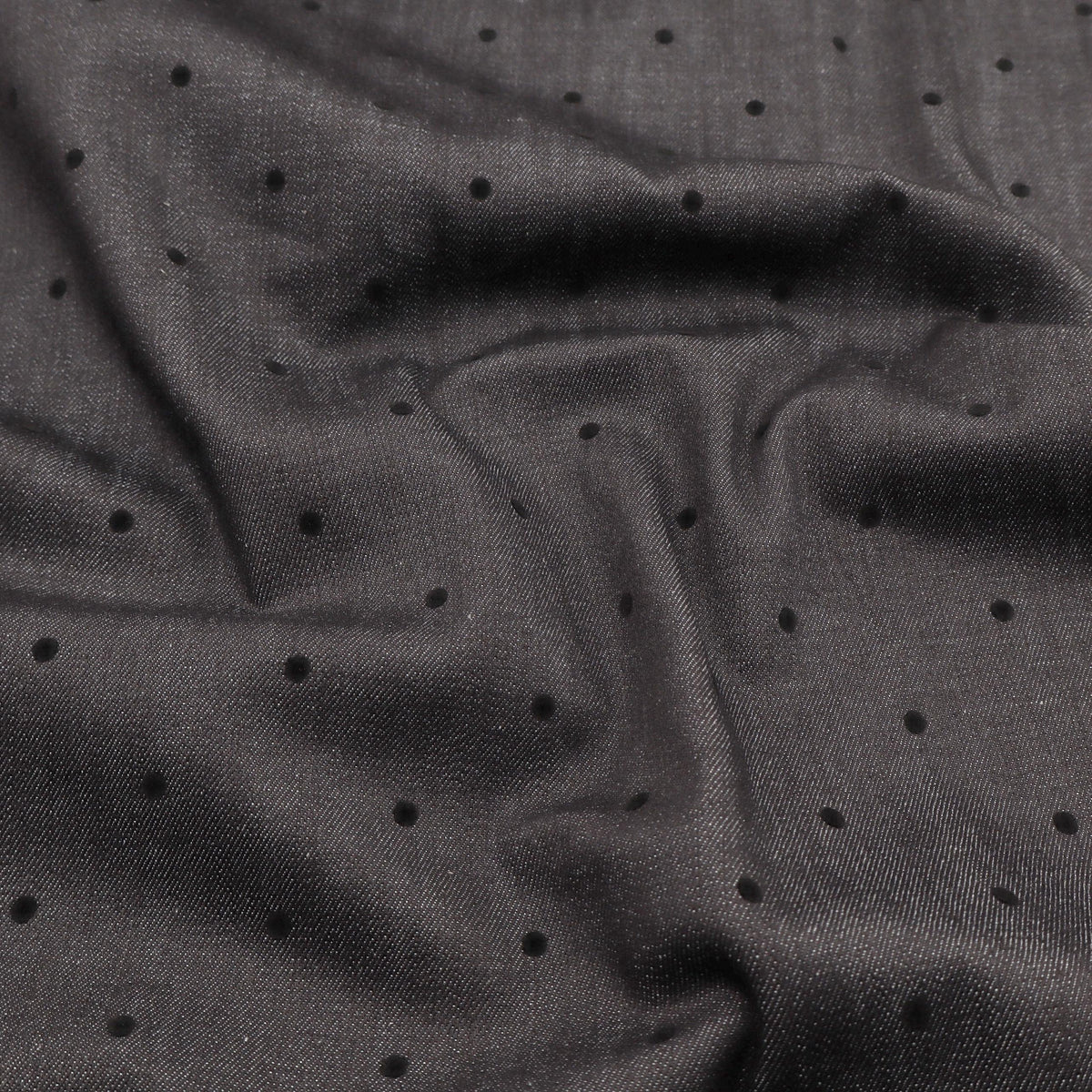 Black Stretch Denim with Velvet Flocked Detail Cotton Fabric - Spots