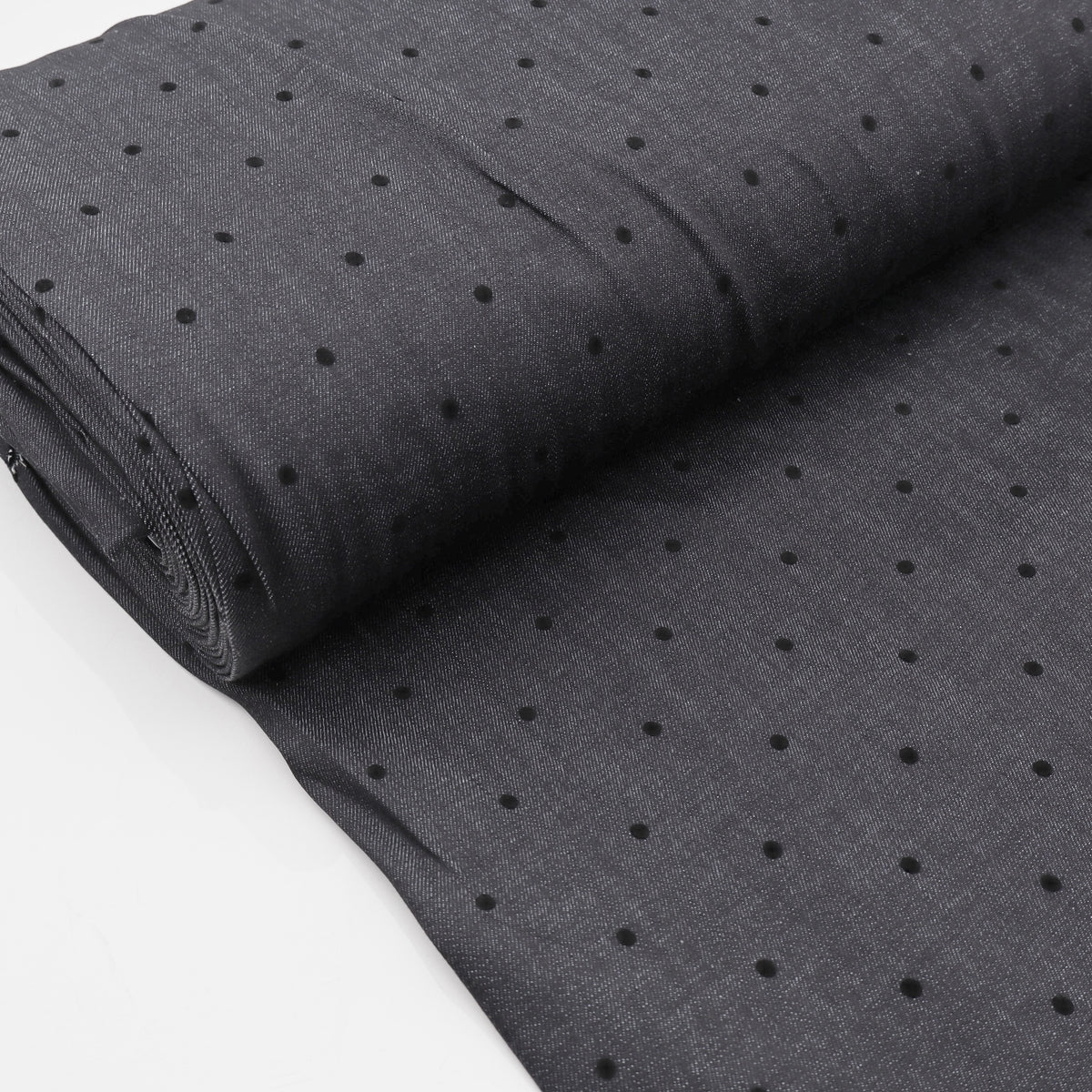 Black Stretch Denim with Velvet Flocked Detail Cotton Fabric - Spots