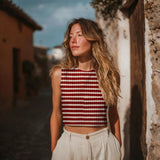 Boho Crochet Knitted Jacquard Stripes Fabric - Red & Ecru