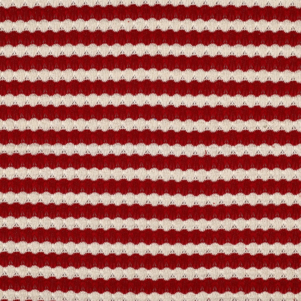 Boho Crochet Knitted Jacquard Stripes Fabric - Red & Ecru