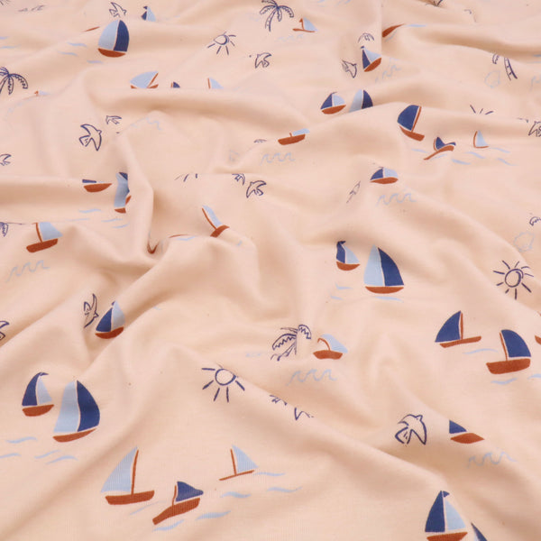 Bonnie Printed Organic Cotton Jersey Dressmaking Fabric - Natural Boats