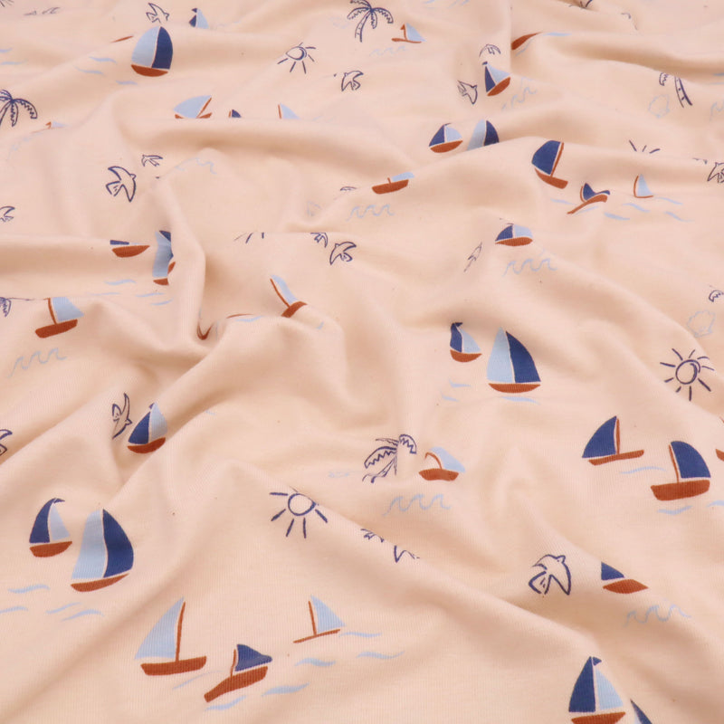 Bonnie Printed Organic Cotton Jersey Dressmaking Fabric - Natural Boats