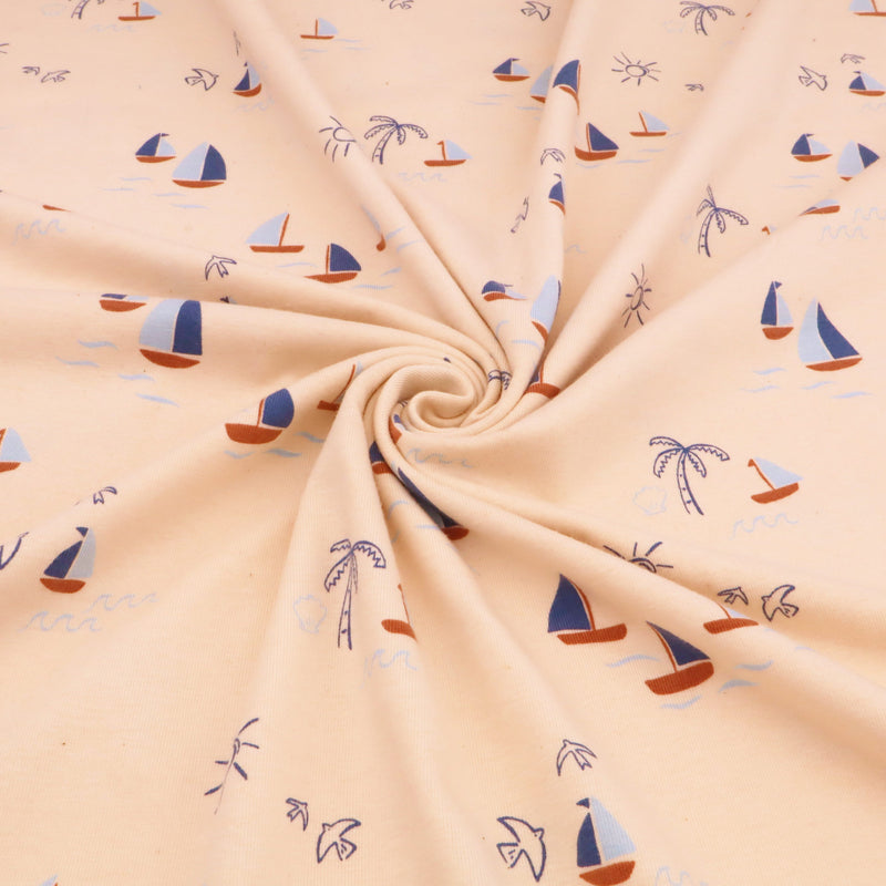 Bonnie Printed Organic Cotton Jersey Dressmaking Fabric - Natural Boats