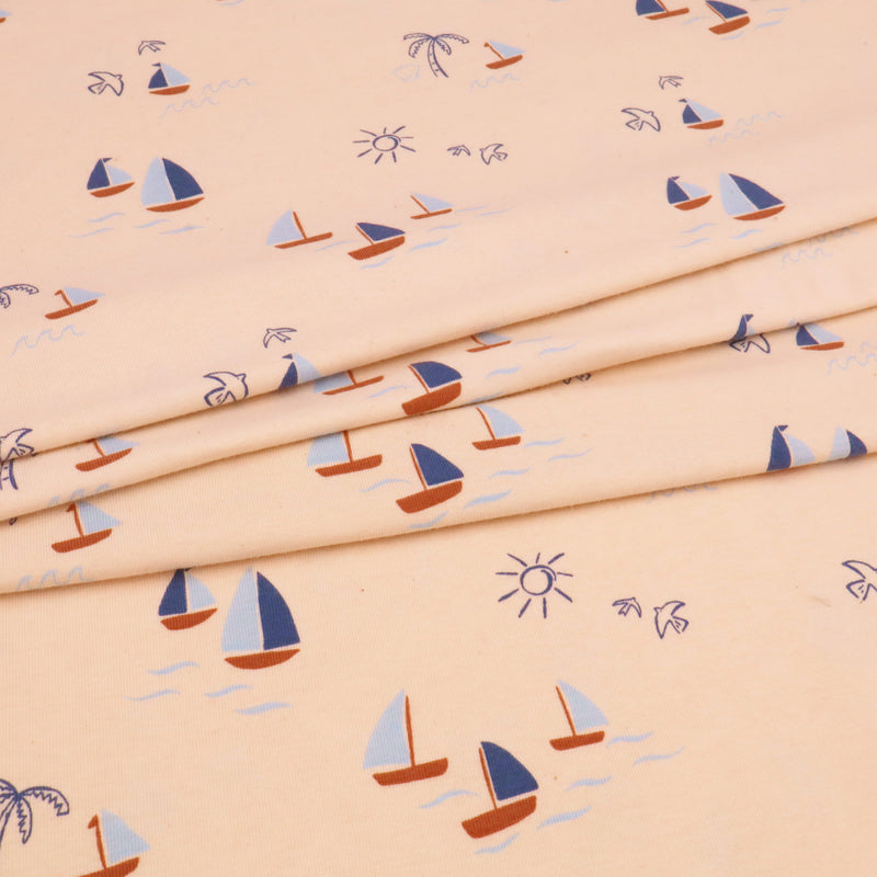 Bonnie Printed Organic Cotton Jersey Dressmaking Fabric - Natural Boats