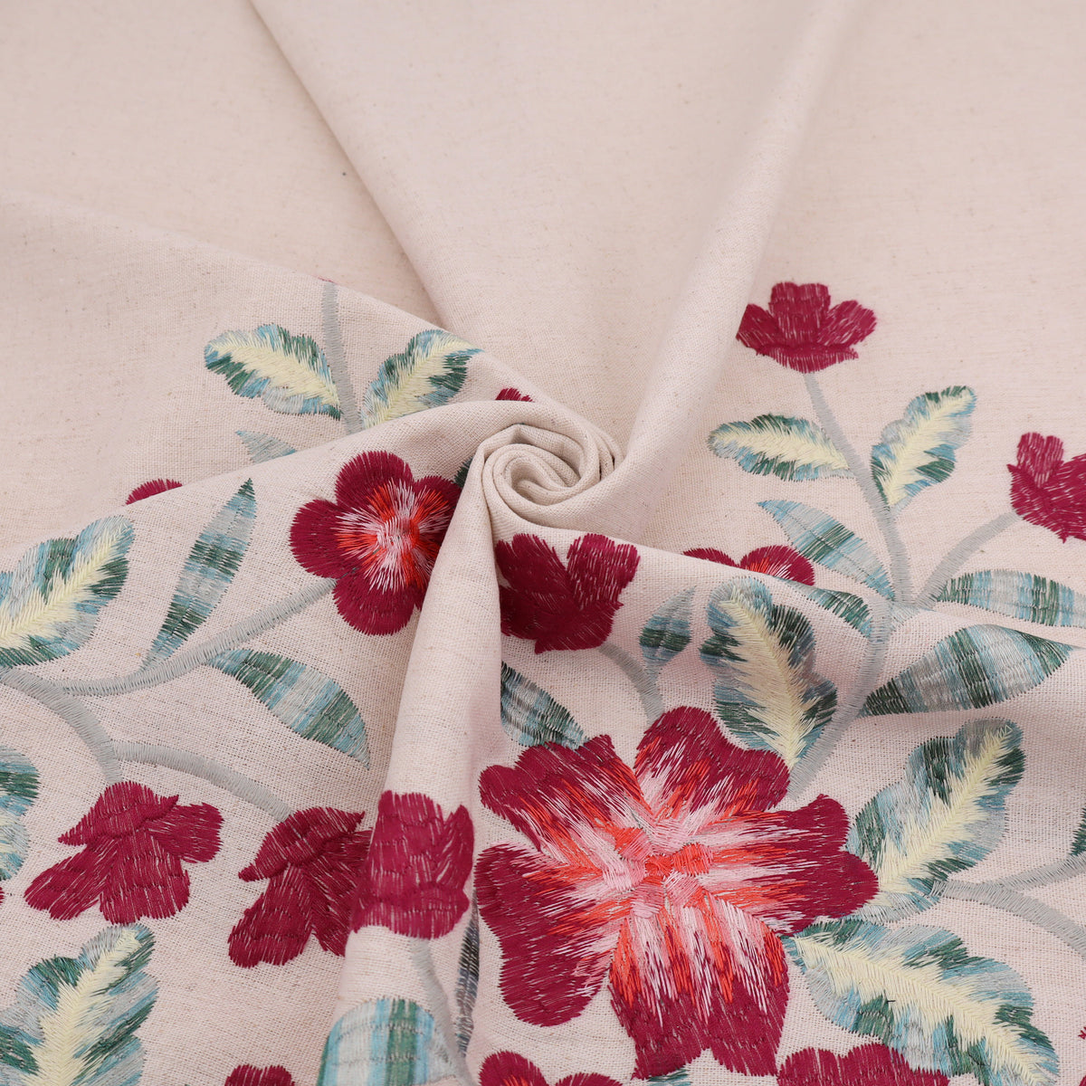 Border Meadow Flower Embroidery Linen Viscose Dressmaking Fabric - Cerise
