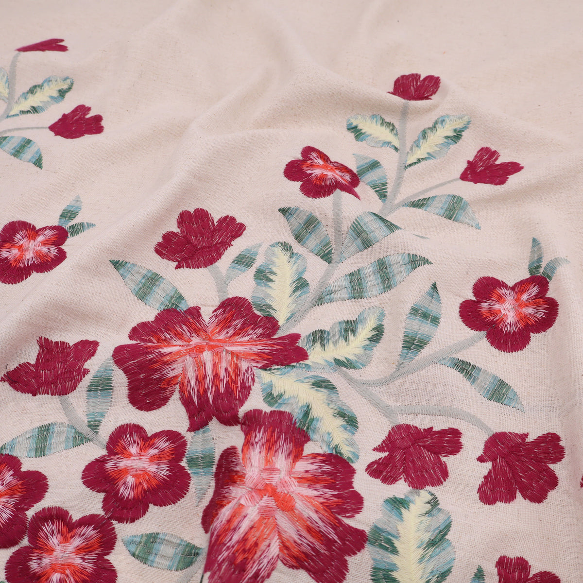 Border Meadow Flower Embroidery Linen Viscose Dressmaking Fabric - Cerise